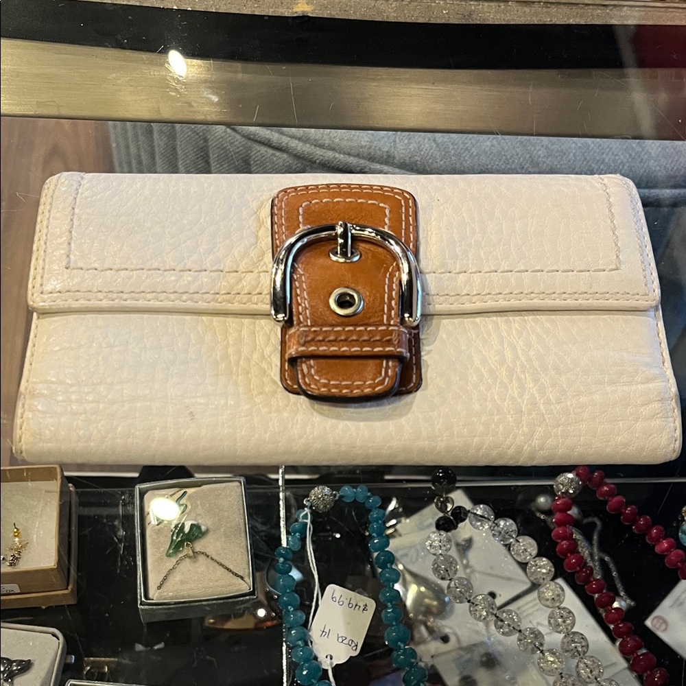 Coach White Leather Wallet with Tan Buckle